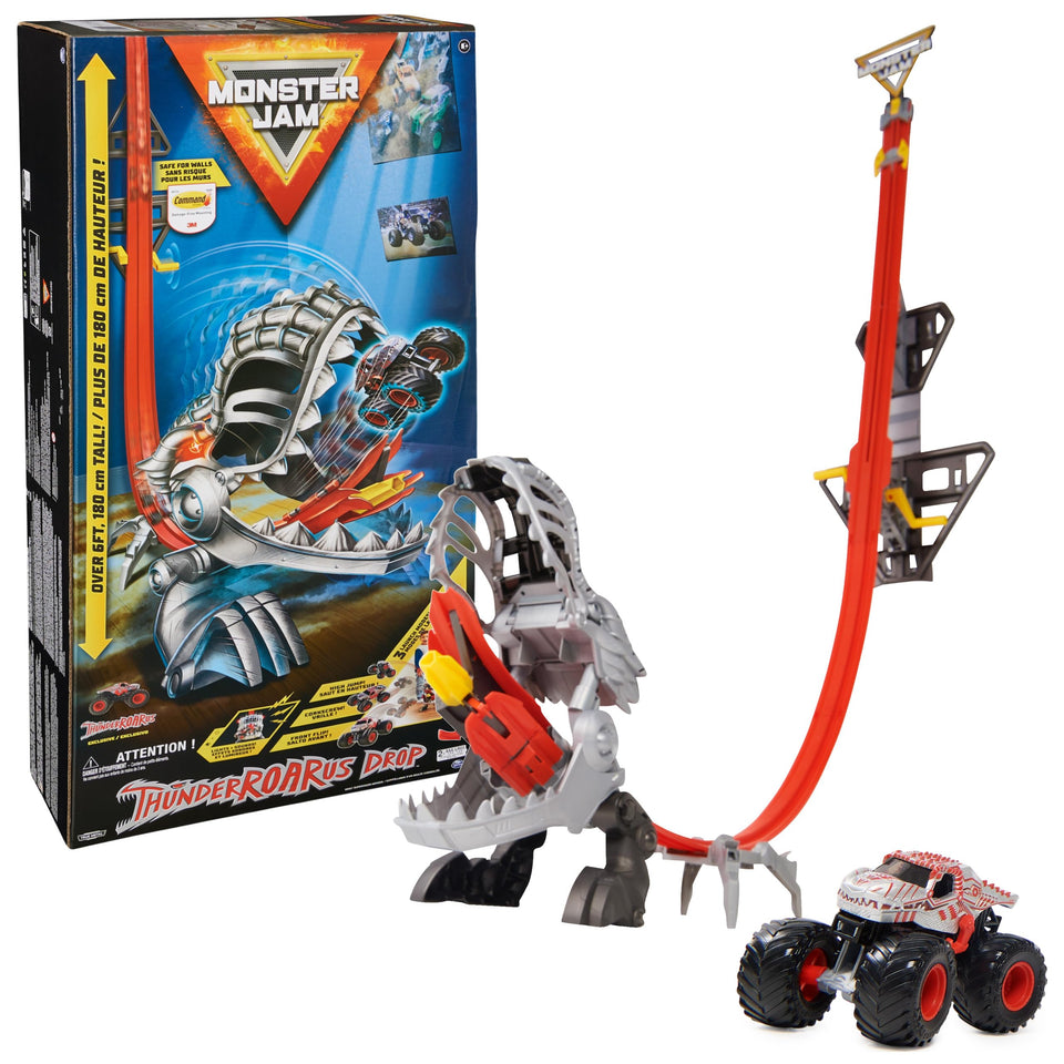 Monster Jam ThunderROARus Drop Playset mounted on the wall for safe, dramatic action.