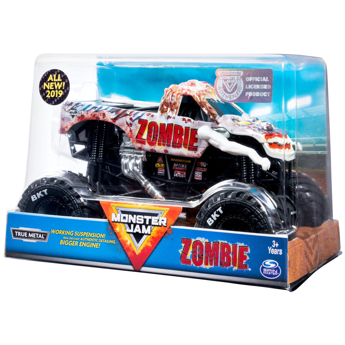 Monster Jam zombie truck with BKT tires for better traction on surfaces.