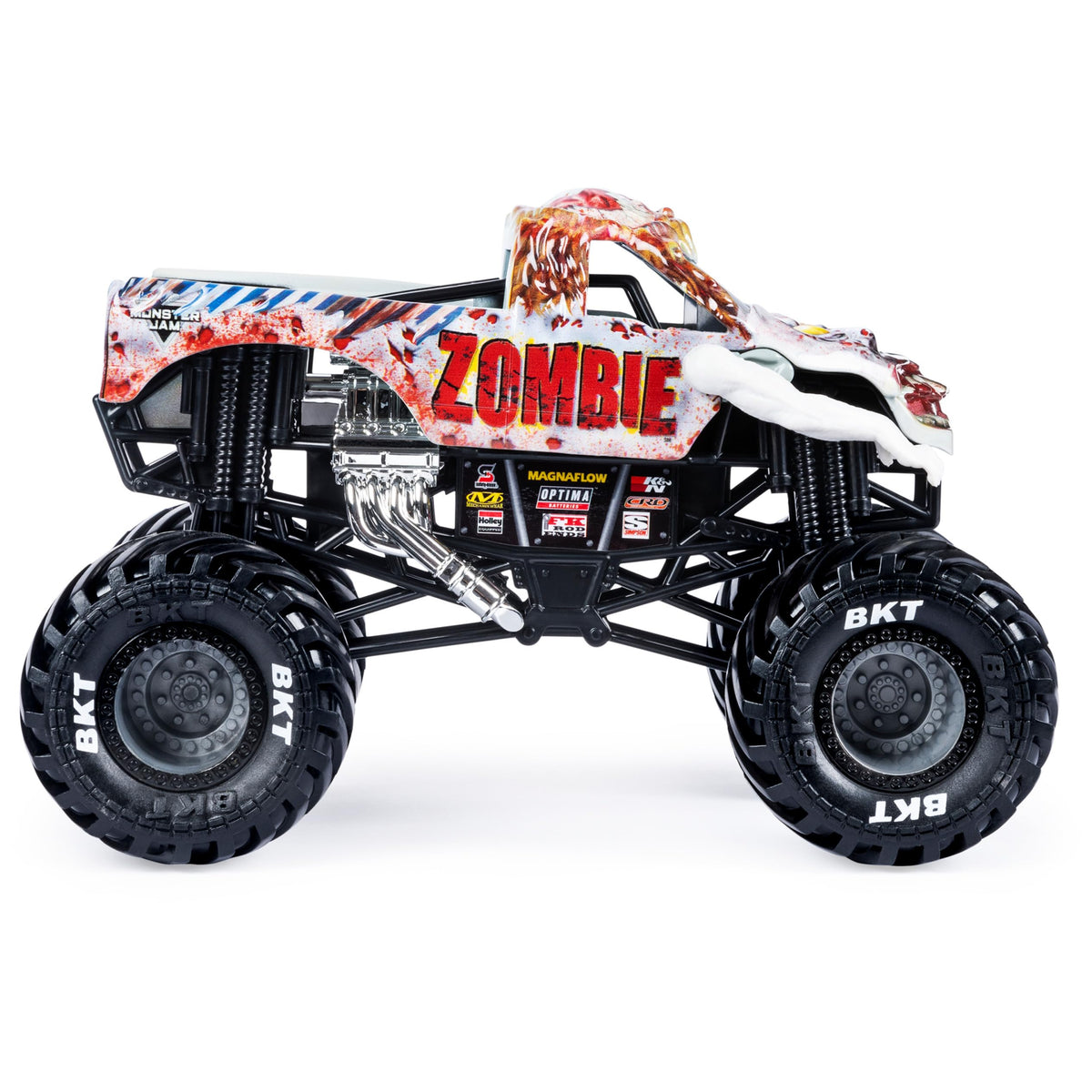 Monster Jam zombie monster truck with working suspension for dynamic jumps.