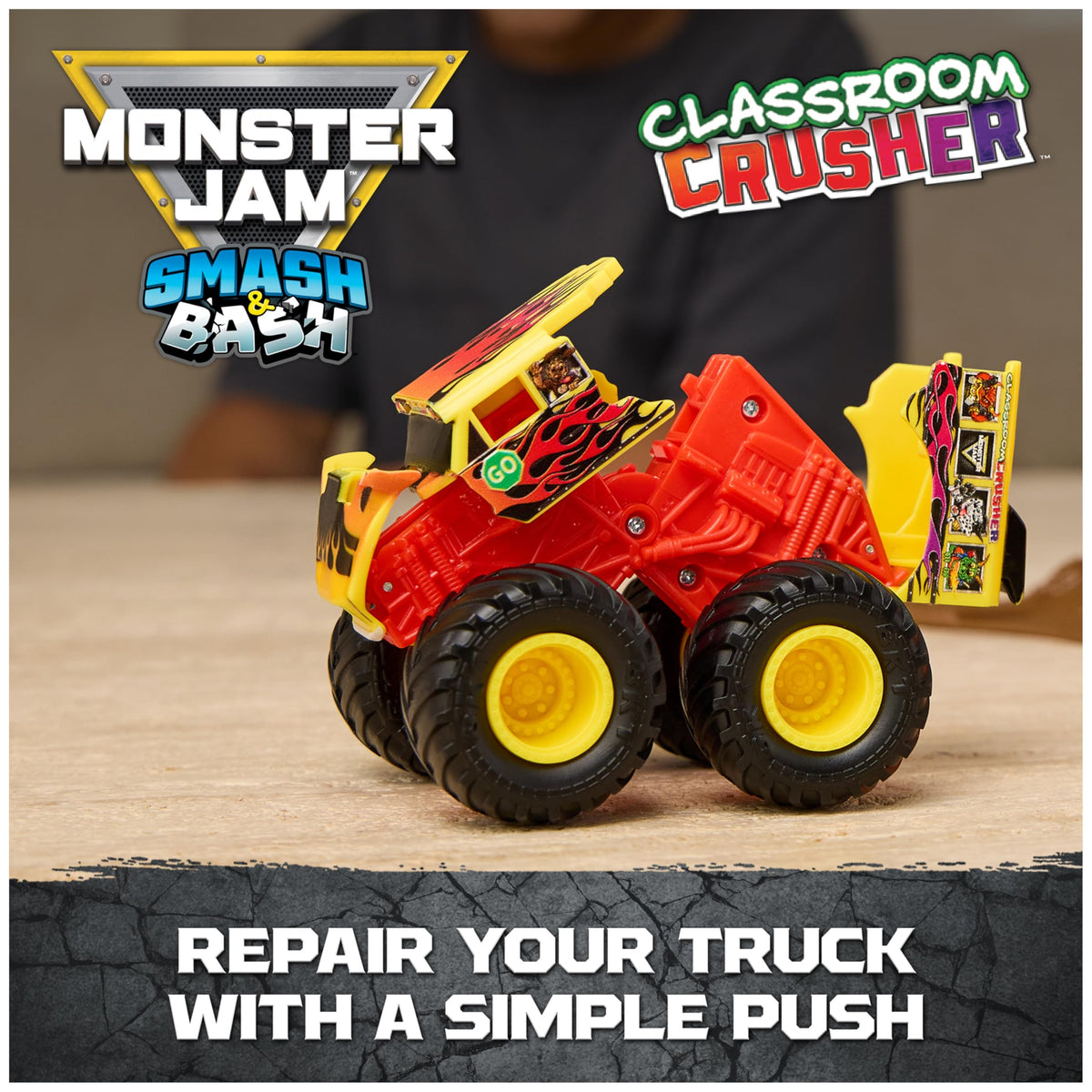 Monster Jam 16-inch tower with trampoline enables height challenges and bounce launches.