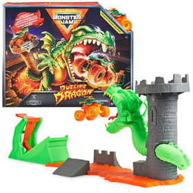 Monster Jam Dueling Dragon Playset overview, inviting kids to jump lava and chase the dragon.
