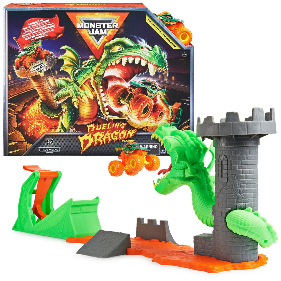 Monster Jam Dueling Dragon Playset overview, inviting kids to jump lava and chase the dragon.