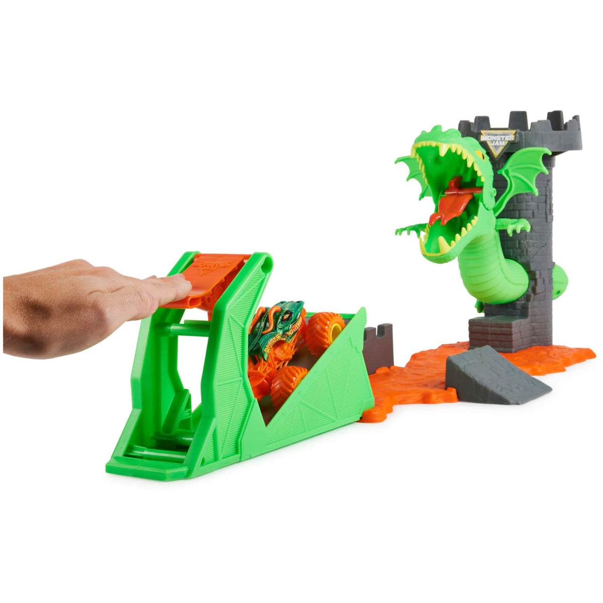 Package includes dragon truck, launcher, ramps, dragon parts, and instruction sheet for setup.