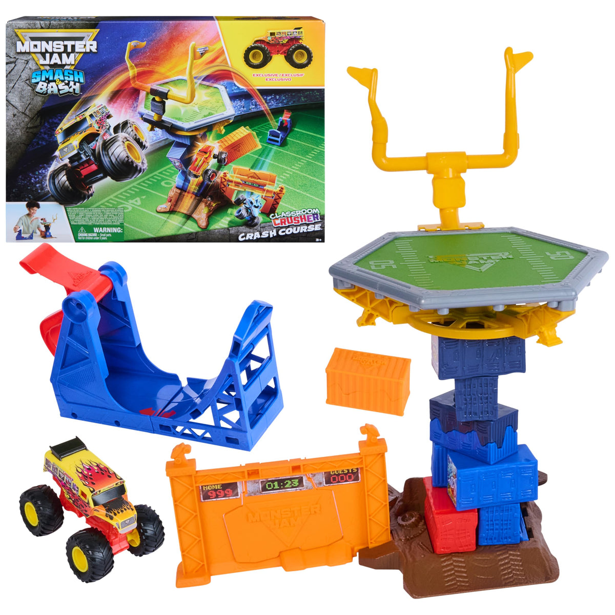 Monster Jam Smash and Bash Crash Course Playset with exclusive 1:64 truck for action-packed play.