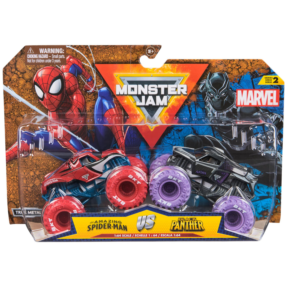 Monster Jam Spider-Man vs Black Panther 1:64 truck set for action-packed play
