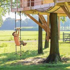 Five step ladder expands play options with tree forts and swing sets