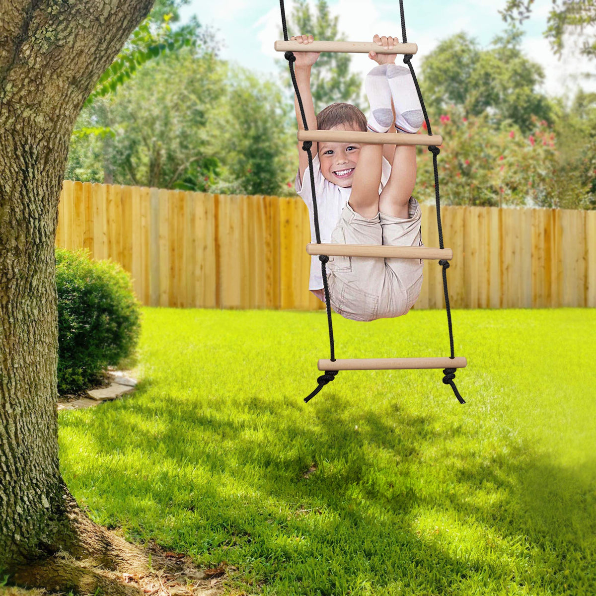 Bottom dangling section adds challenge for older kids during backyard play