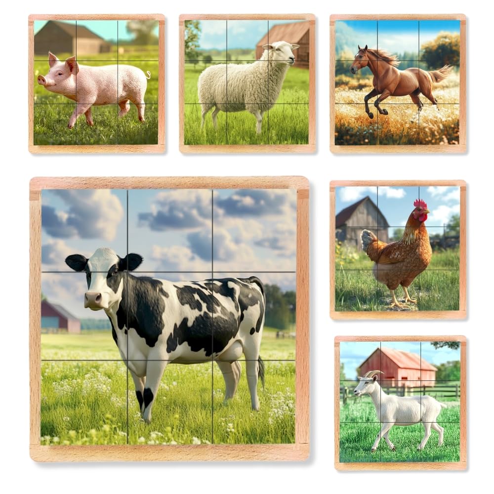 Montessori Castle 6-in-1 wooden animal puzzle featuring farm animals for imaginative learning.