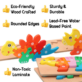 Close-up of wooden dinosaur puzzle pieces from Montessori Mama for safe play.