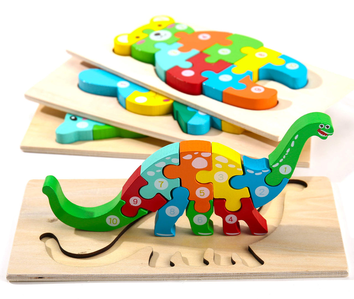 Montessori Mama dinosaur puzzle for toddlers with bright colors to boost early recognition and coordination.