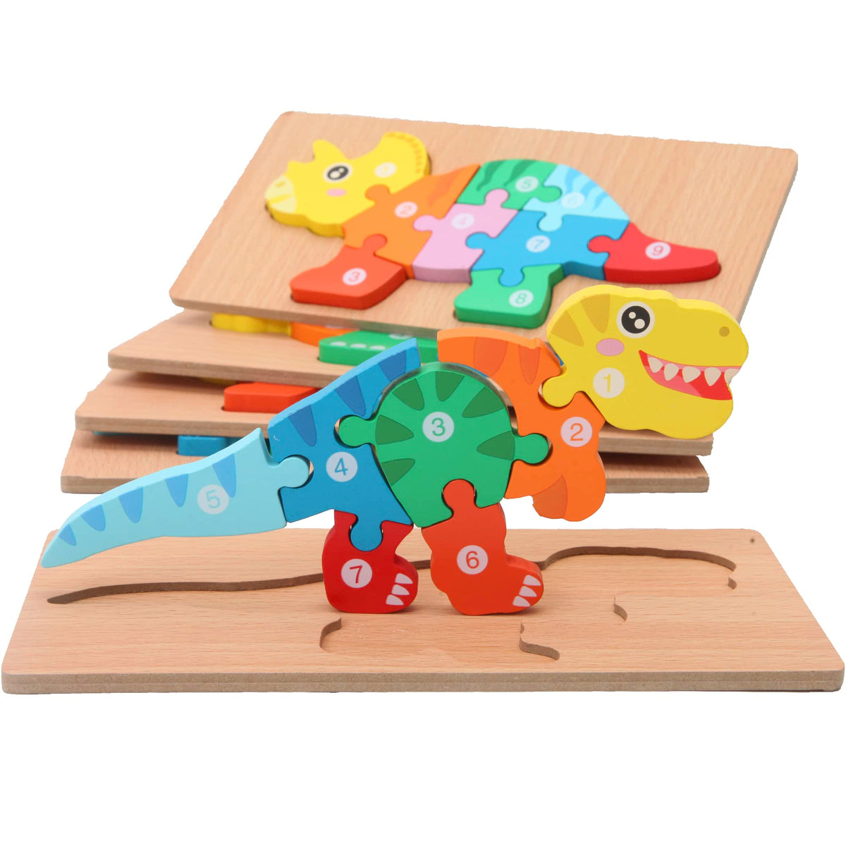 Montessori Mama wooden dinosaur puzzles set for toddlers enhances fine motor skills.