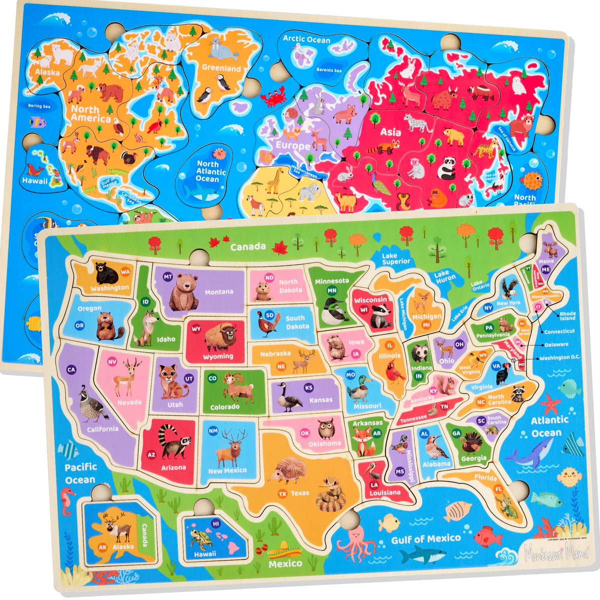 Montessori Mama World and Continents Oceans puzzle highlighting continents and oceans for early geography exploration