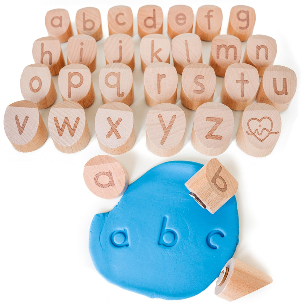 Montessori & Me Alphabet Playdough Stamps: lowercase letters for tactile learning.