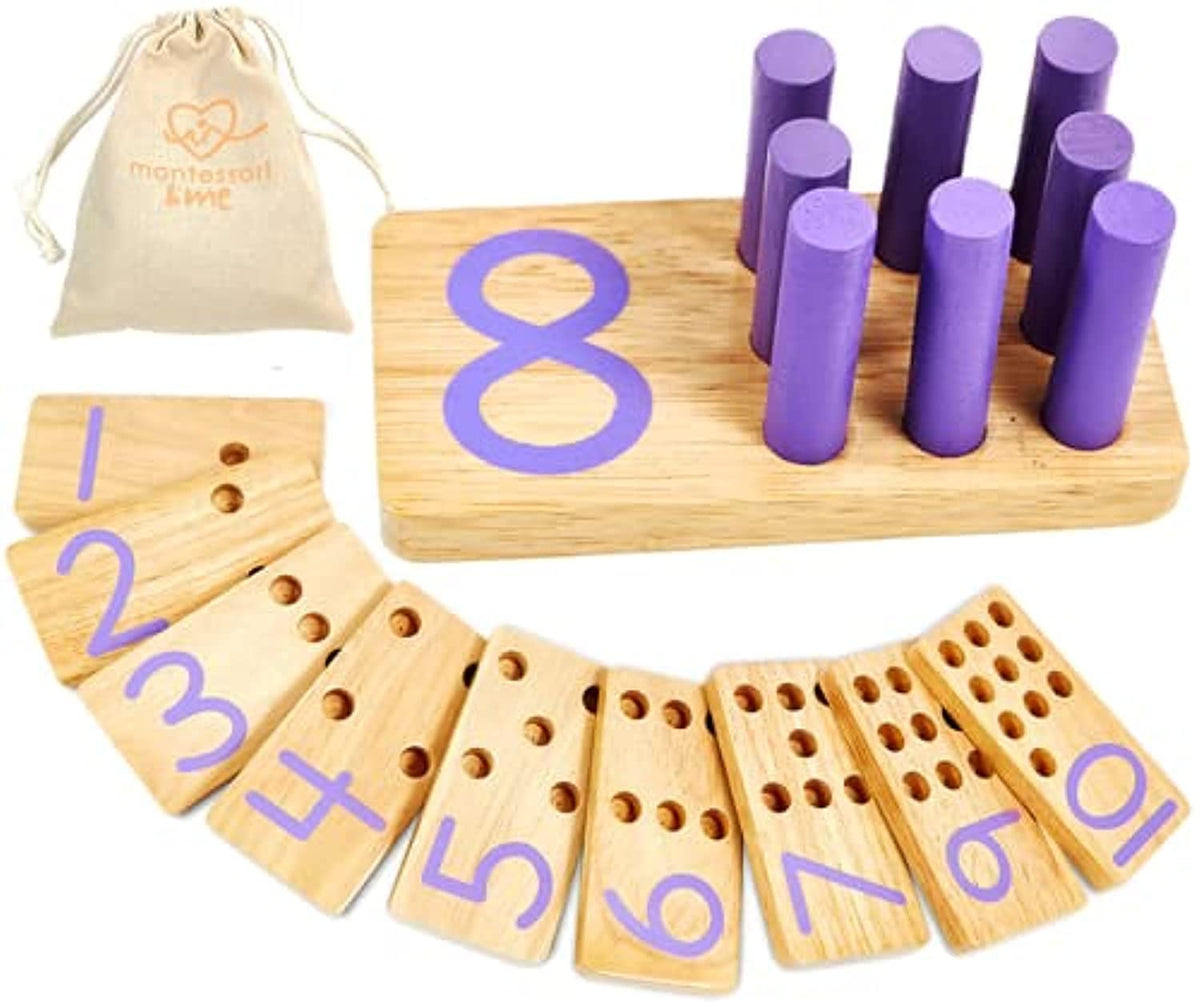 Montessori & Me counting peg board on table demonstrates tactile counting practice.