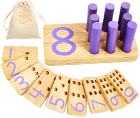 Montessori & Me counting peg board on table demonstrates tactile counting practice.