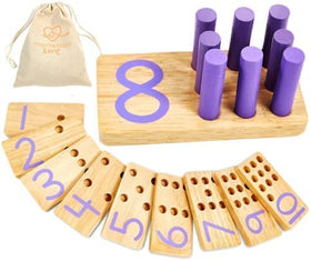Montessori & Me counting pegs closeup highlights hands-on learning with wooden pieces.
