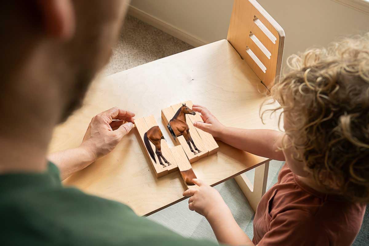 Montessori and Me wooden farm pieces showcase realistic animals for nature exploration.