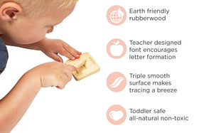 Montessori Me letter tracing tiles encourage tactile letter practice.