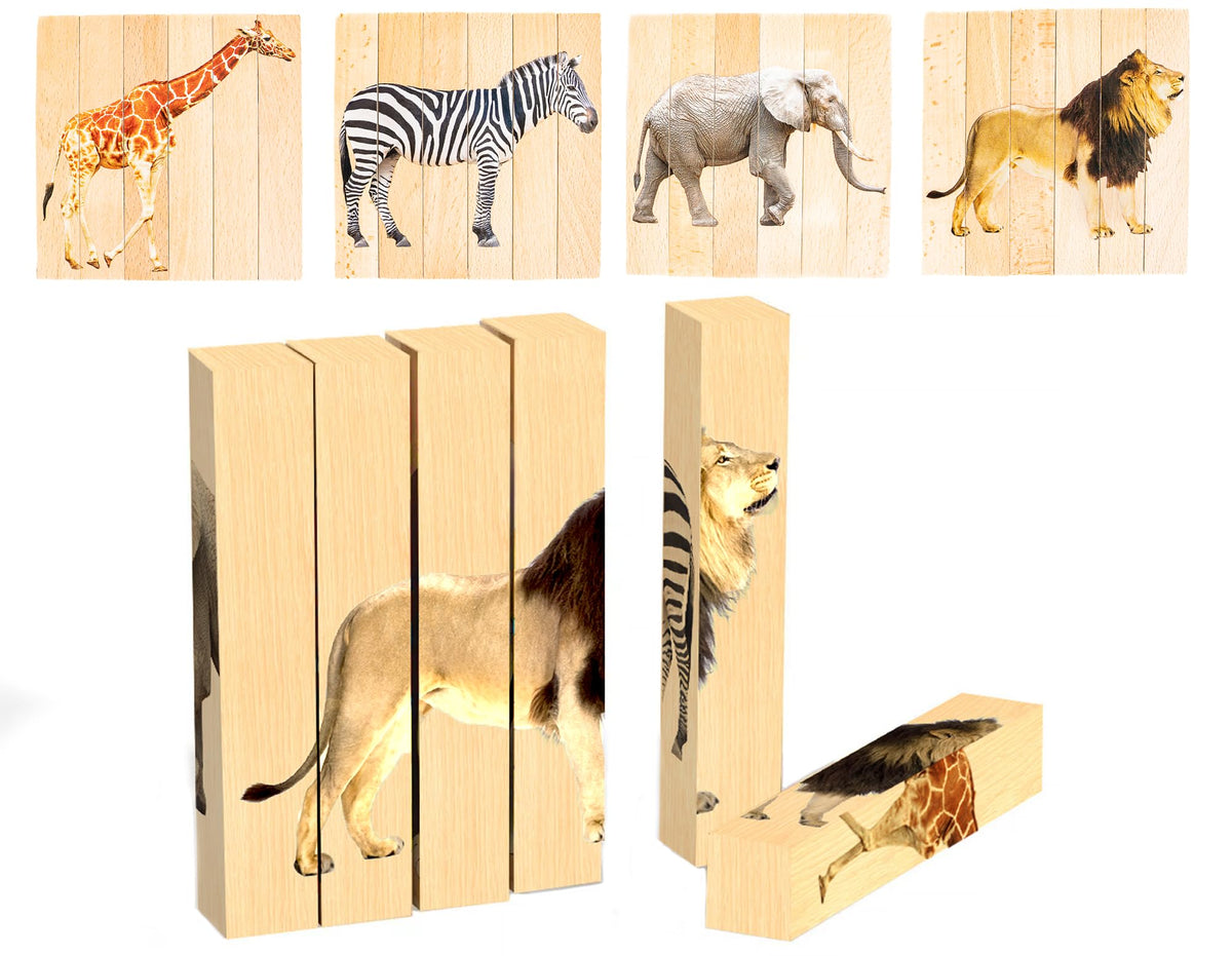 Montessori & Me safari animal puzzle—6 blocks for early problem solving.