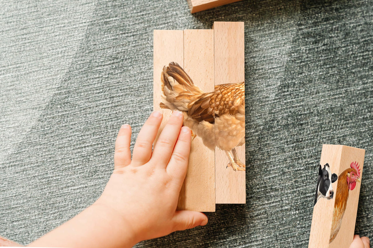 Montessori and Me block puzzle set provides safe, non-toxic wooden construction.