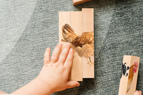 Montessori and Me block puzzle set provides safe, non-toxic wooden construction.