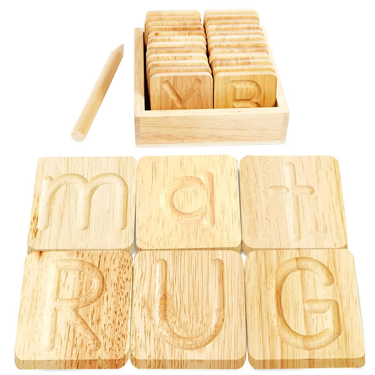Montessori Me wooden alphabet tracing board supports early letter formation.