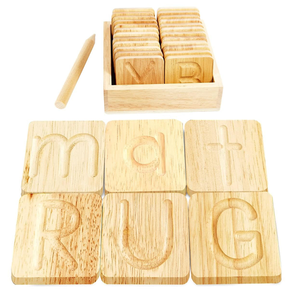 Montessori Me wooden alphabet tracing board supports early letter formation.