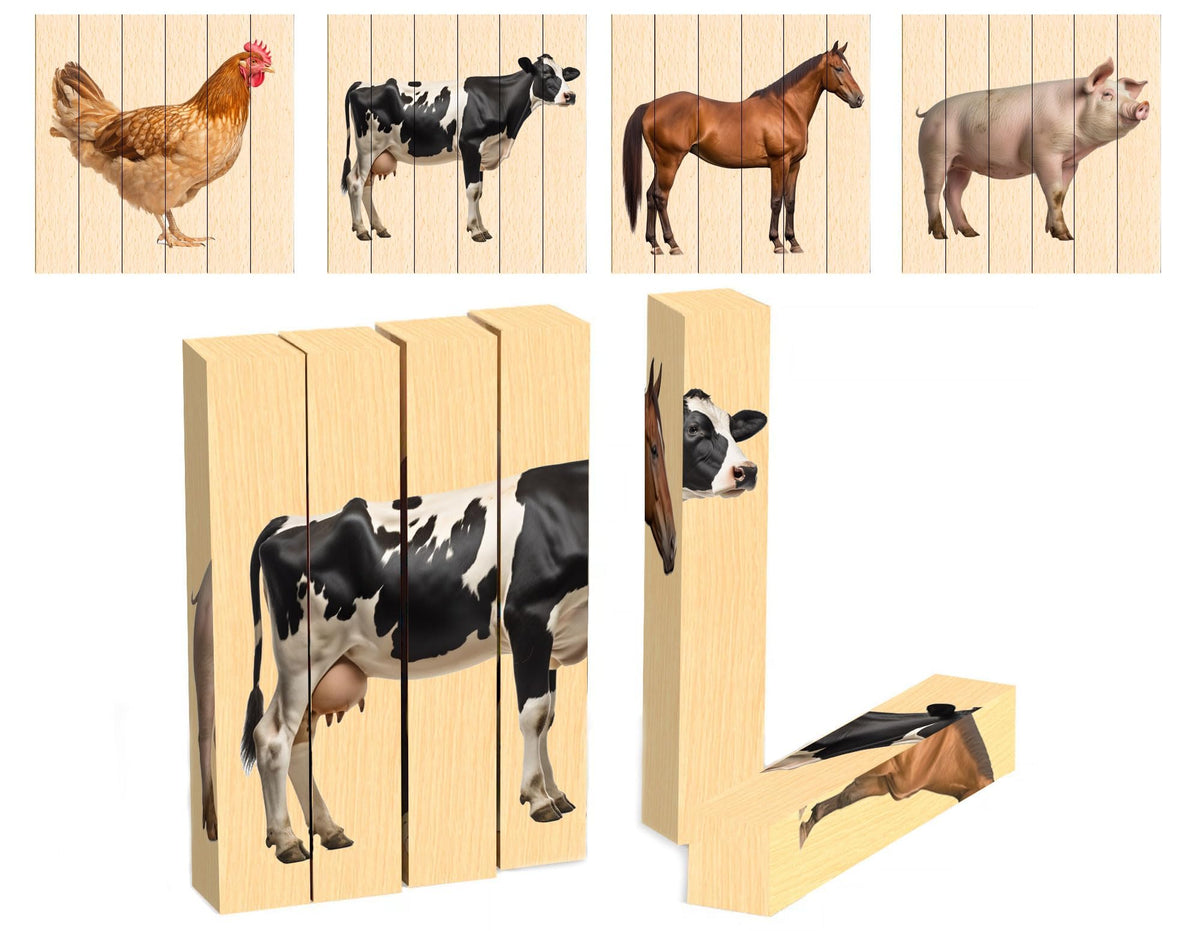 Montessori and Me wooden farm animal puzzle blocks engage toddlers in problem solving.