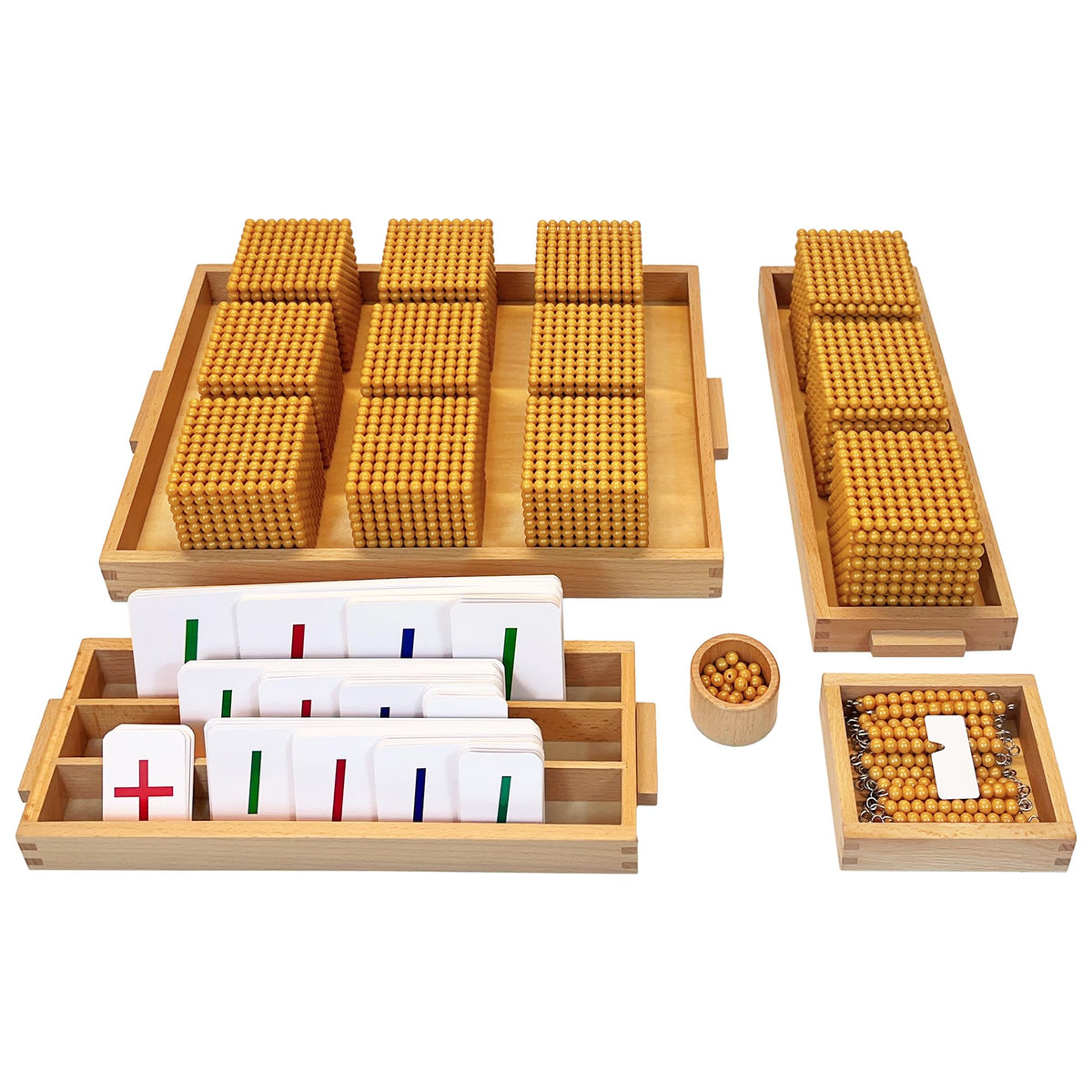 Montex Montessori Golden Beads set with counting trays for organized learning.