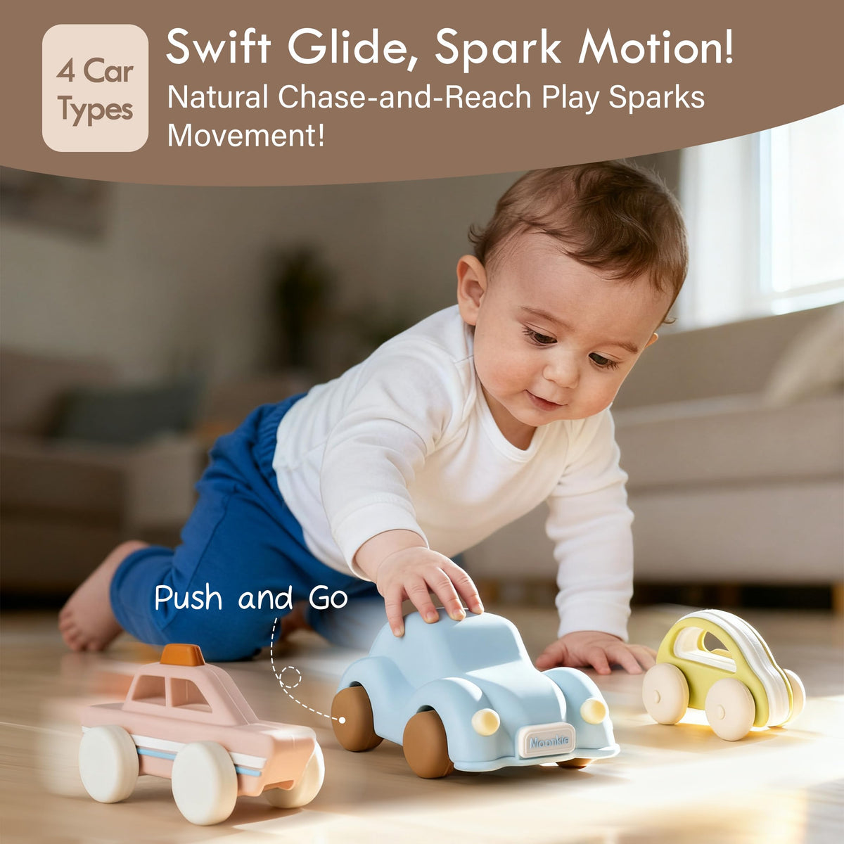 Moonkie classic car side: smooth wheels for quiet rolling on floors.