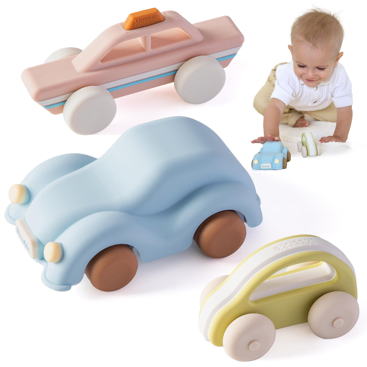 Moonkie classic car toy in soft silicone, ideal for teething and grasping.