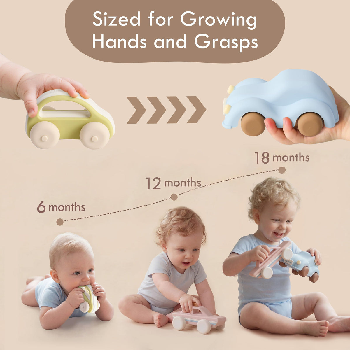 Moonkie soft silicone toy, quiet wheels for calm indoor adventures.