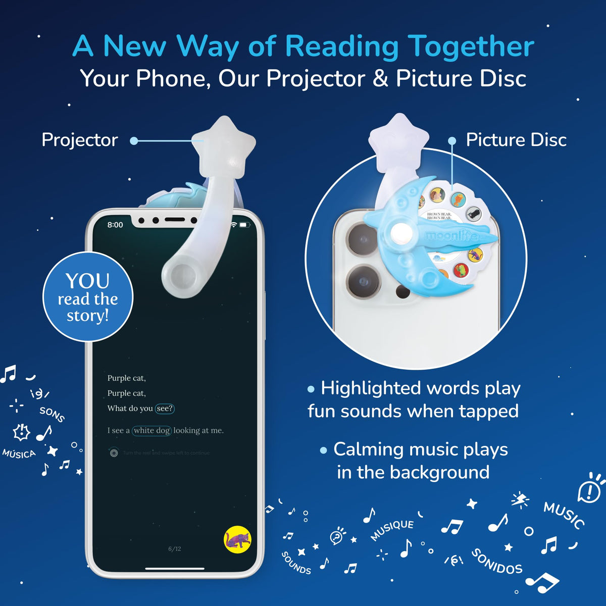 Moonlite adhesive adapter collar securing a smartphone for projection
