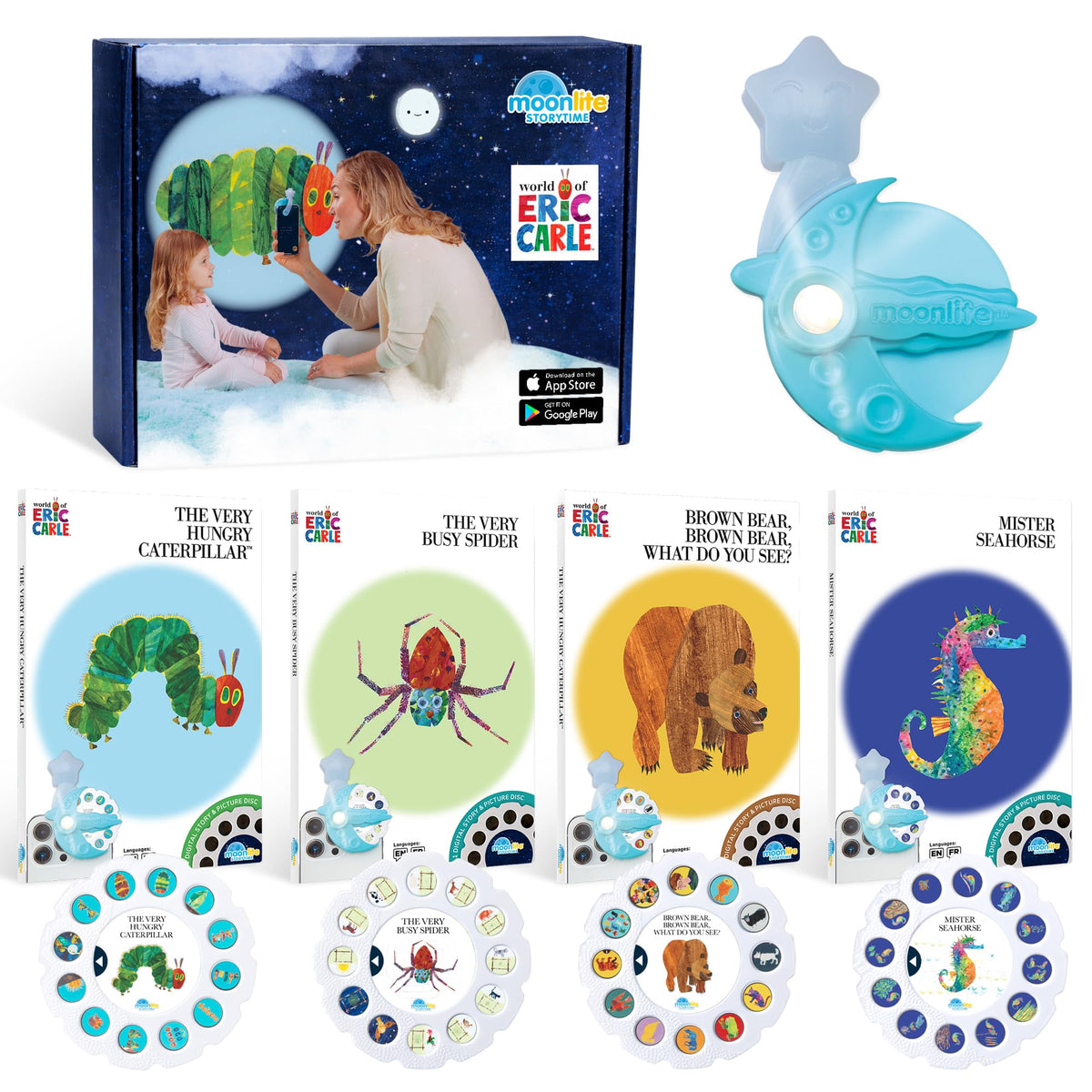Moonlite Storytime Projector casting colorful wall images for bedtime