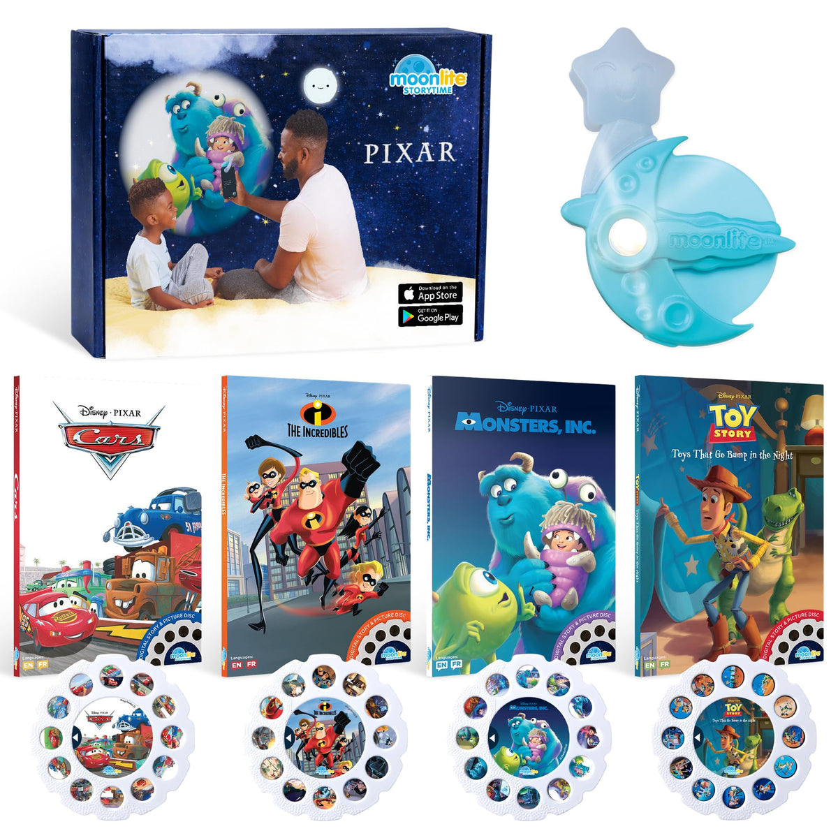 Moonlite Storytime Projector on wall creates engaging bedtime visuals.