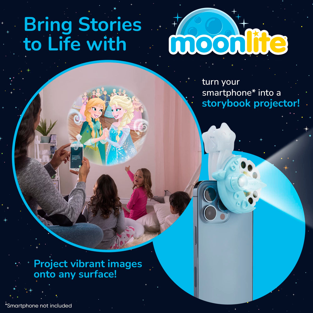 Moonlite Storytime Starter Pack smartphone setup enables quick, secure projection at home.