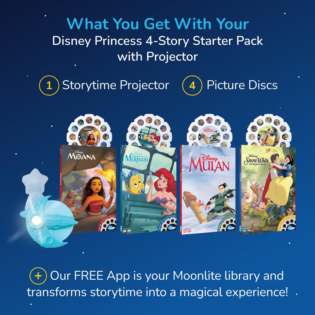 Moonlite gentle sound effects accompany princess stories