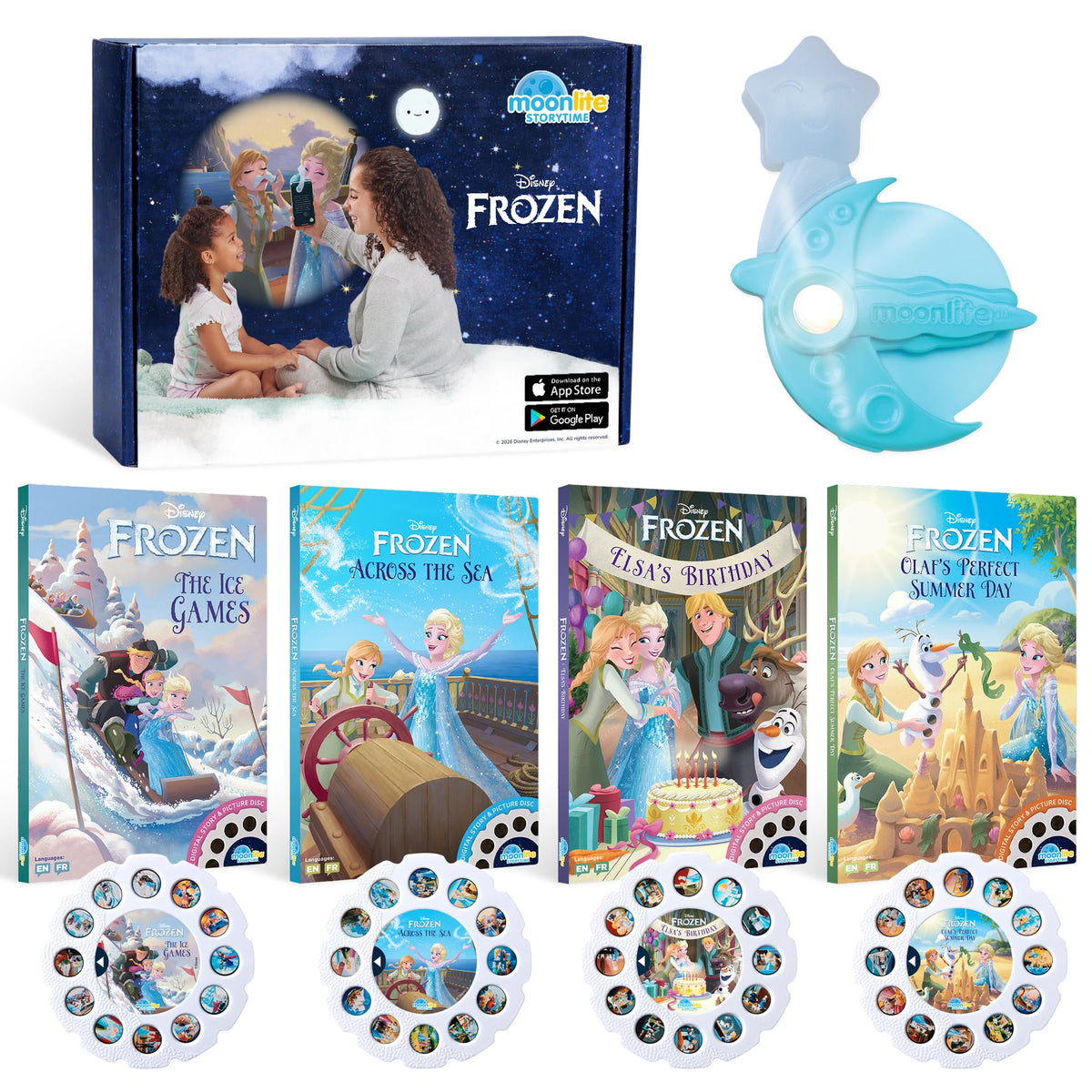 Moonlite Storytime Starter Pack wall projection in a cozy bedroom for calming bedtime storytelling.