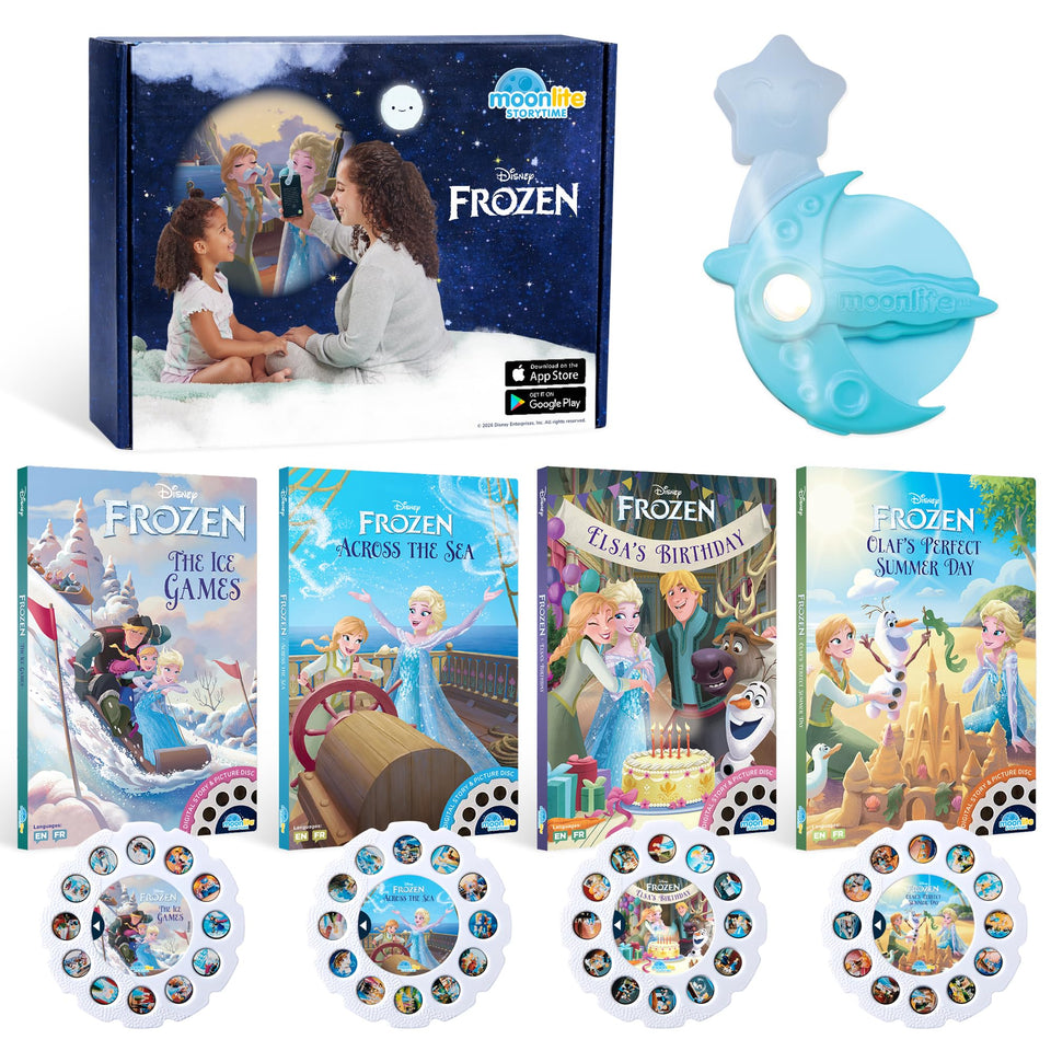 Moonlite Storytime Starter Pack wall projection in a cozy bedroom for calming bedtime storytelling.