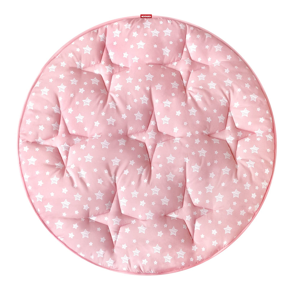 Moonsea round play mat in pink star pattern provides a soft, safe surface for babies