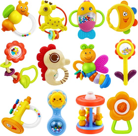 MOONTOY 12-piece rattles set with bee teether for soothing newborn grasp