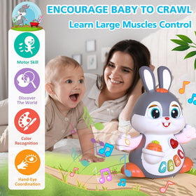 MOONTOY baby crawling toy moves toward infants with flashing lights and music.