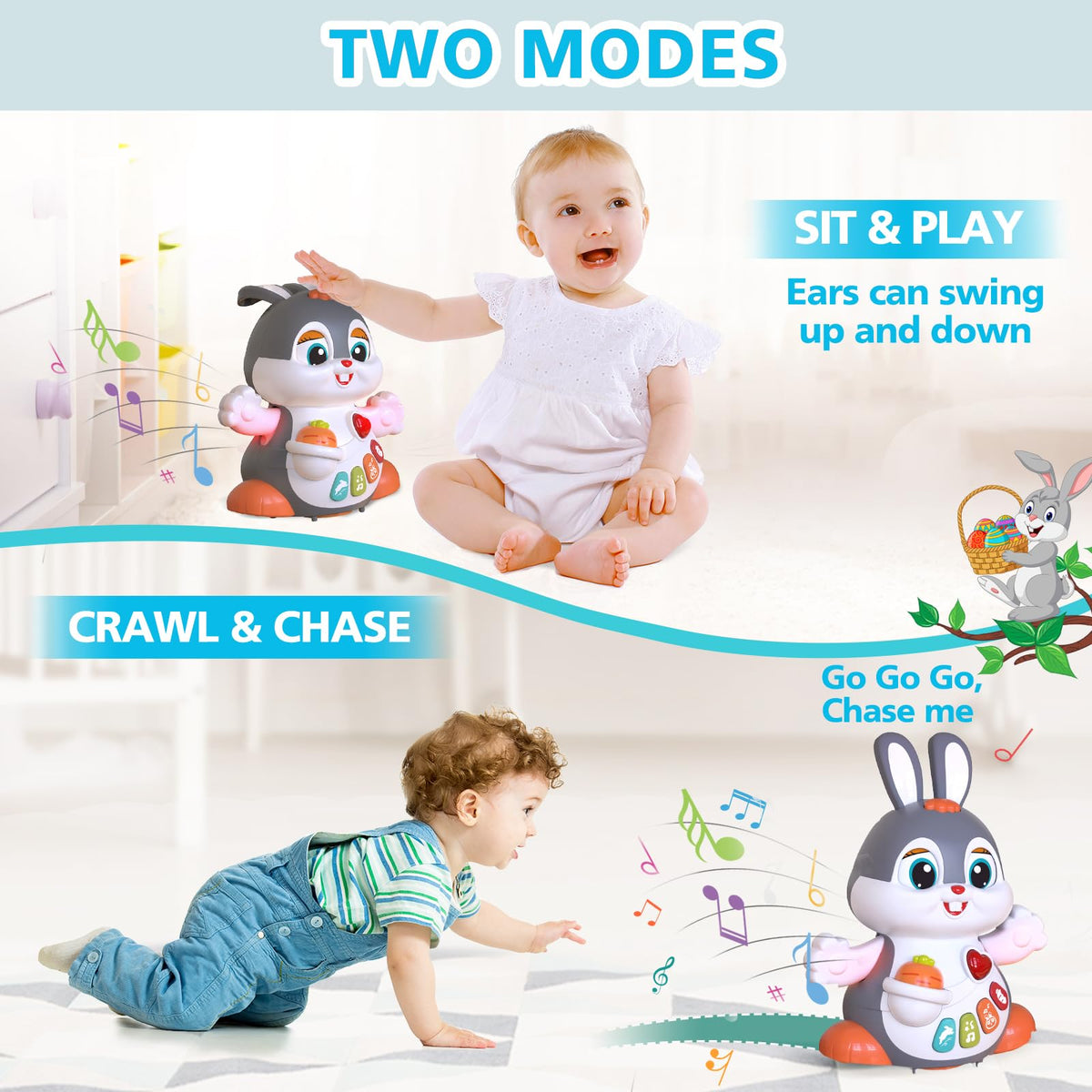 MOONTOY bunny features two-volume control for gentle, baby-friendly sound levels.