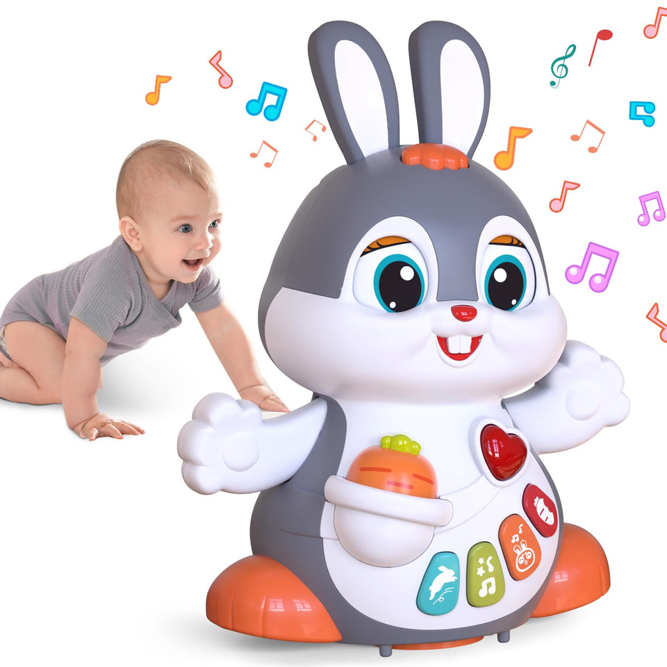 MOONTOY Easter Bunny musical toy dances to entertain and engage curious babies.