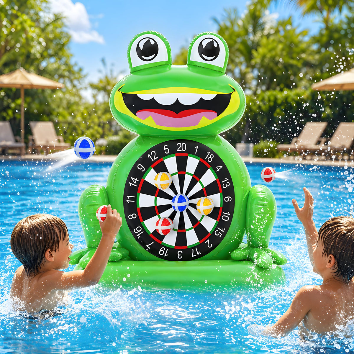 MOONTOY frog-dart-board-set for pool play boosts family fun.