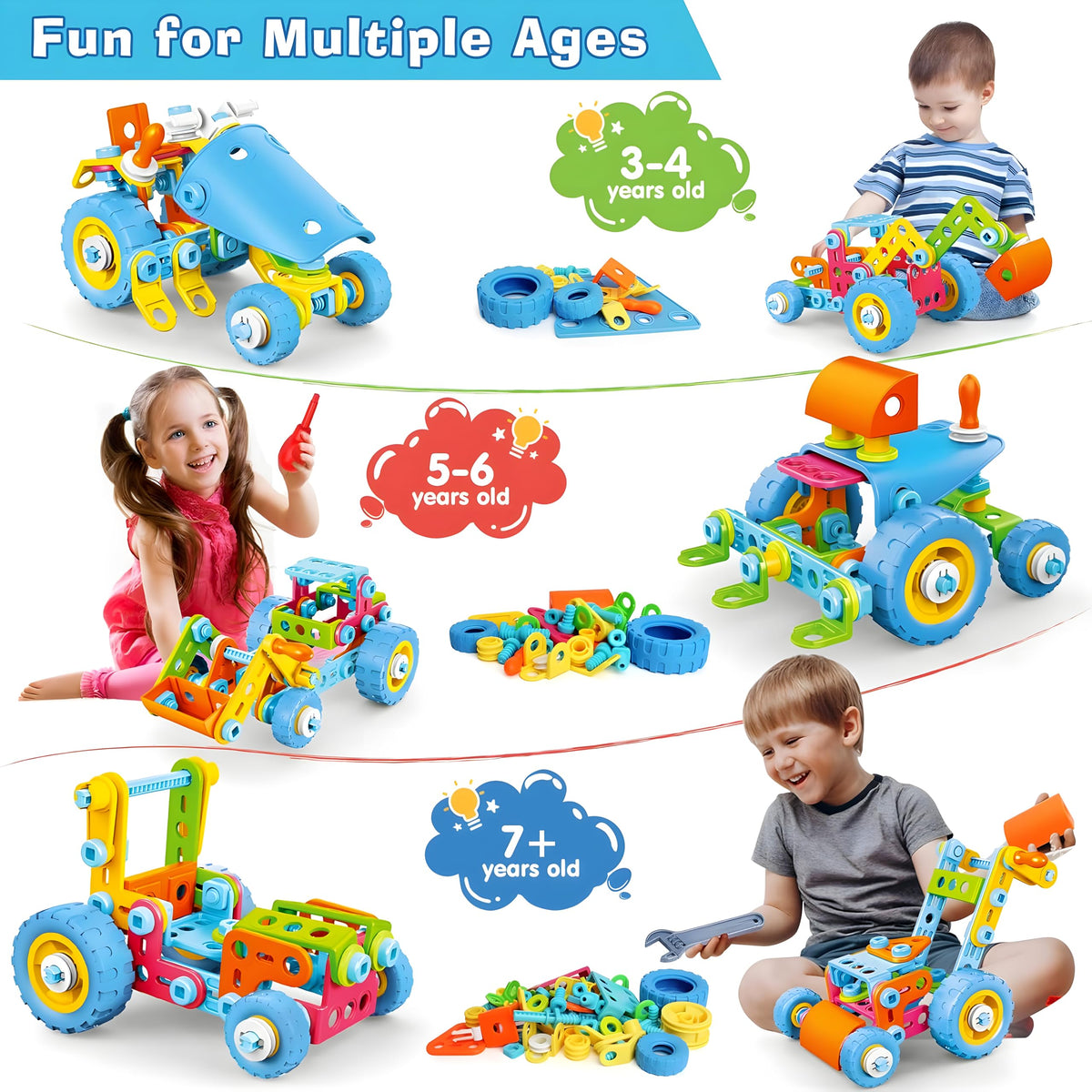 MOONTOY 118-piece STEM set with colorful blocks for problem-solving play.