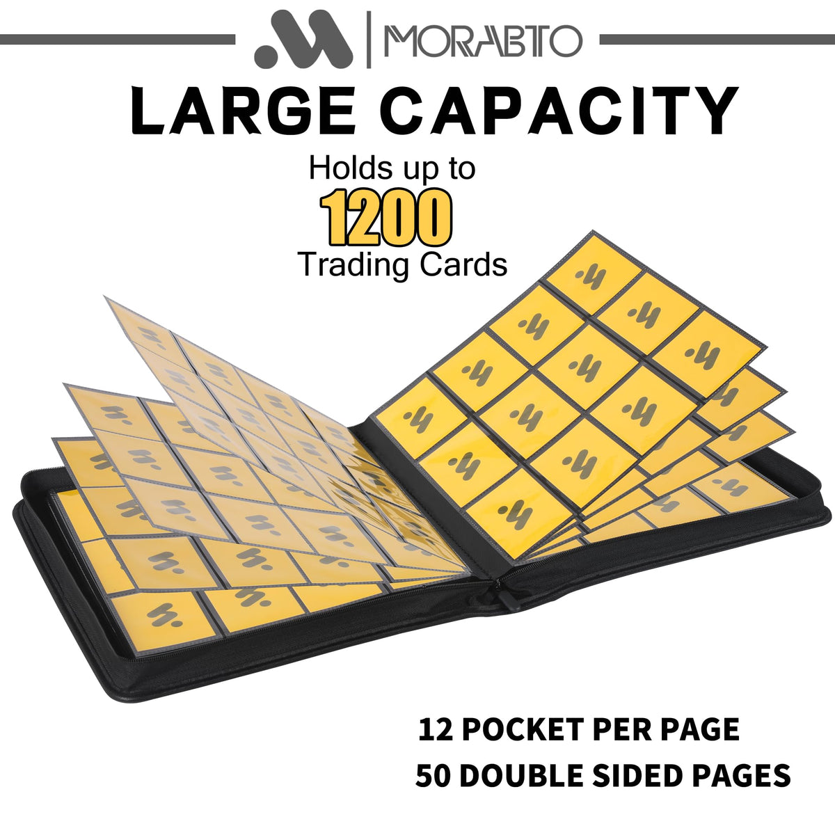 MORABTO Binder interior showing sleeves compatible with standard card sizes.