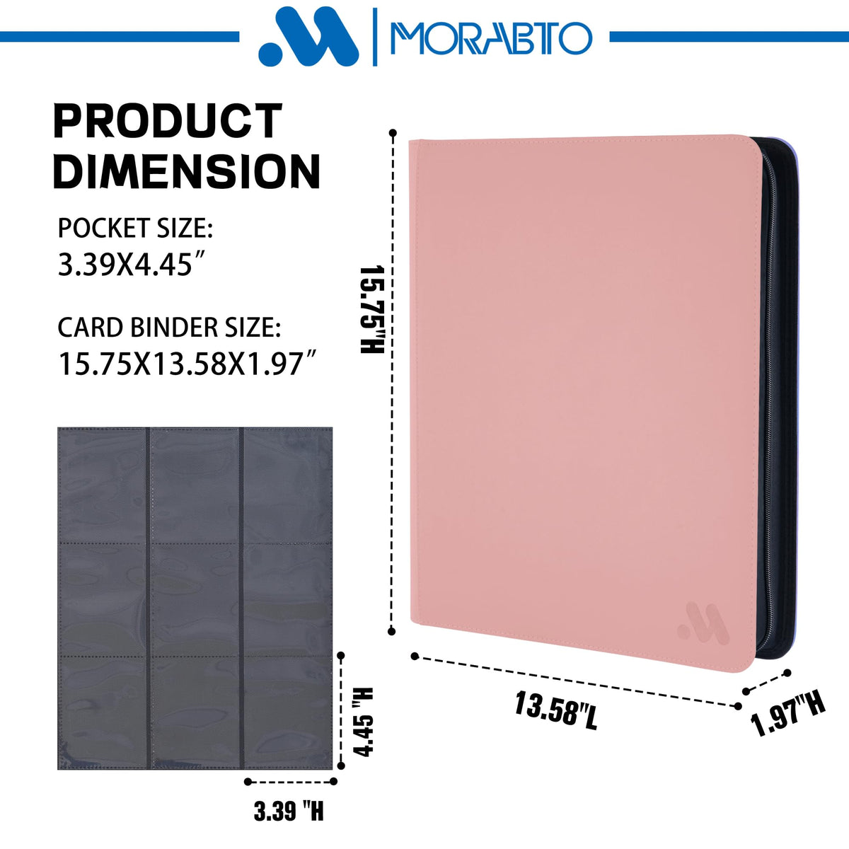 Dimensions and pockets sized for 3x4 rigid cards in MORABTO binder