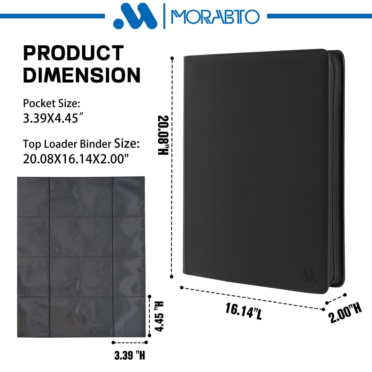 MORABTO top loader binder pocket detail showing 16 pockets per page for 640 cards