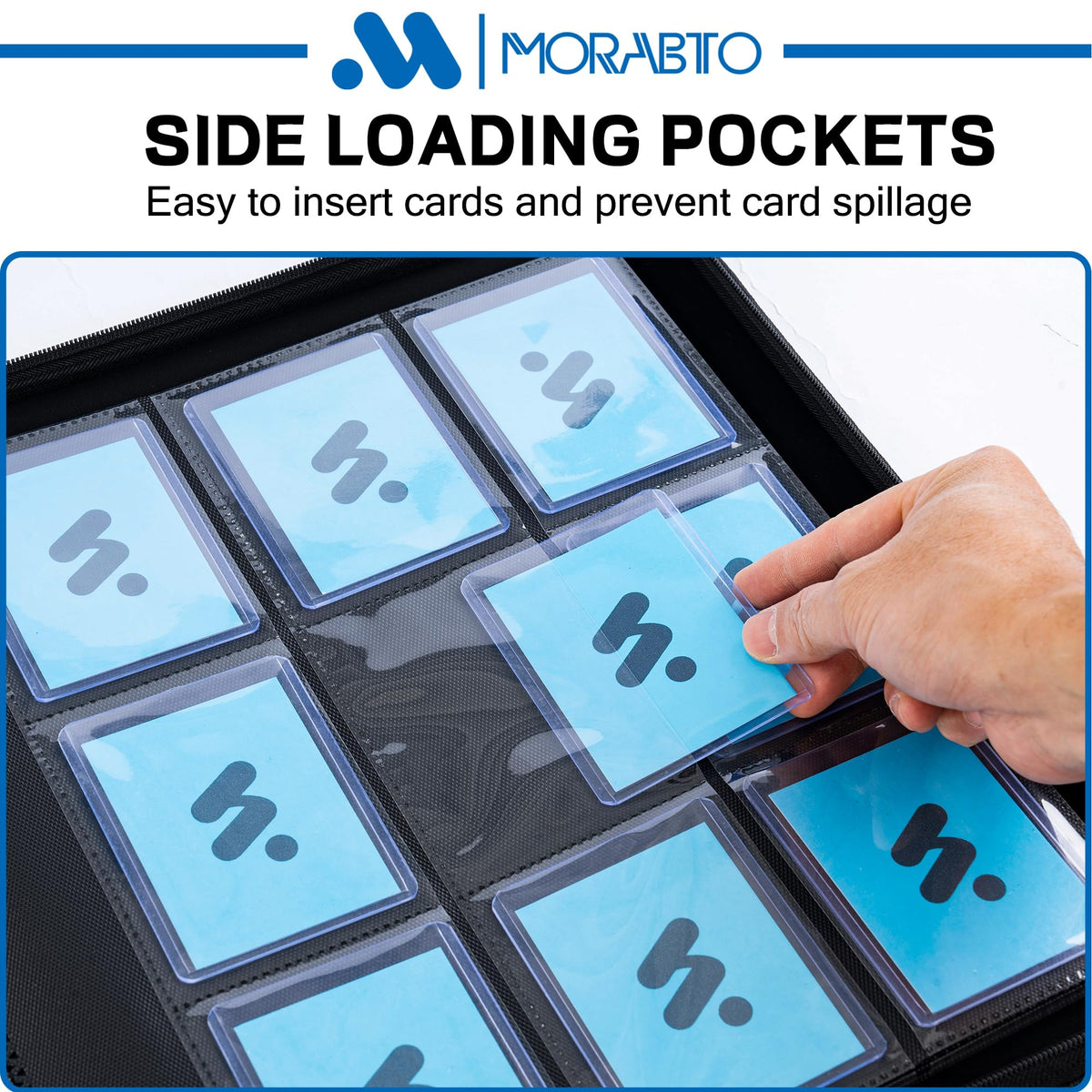 Side-loading pockets on MORABTO binder for easy card insertion